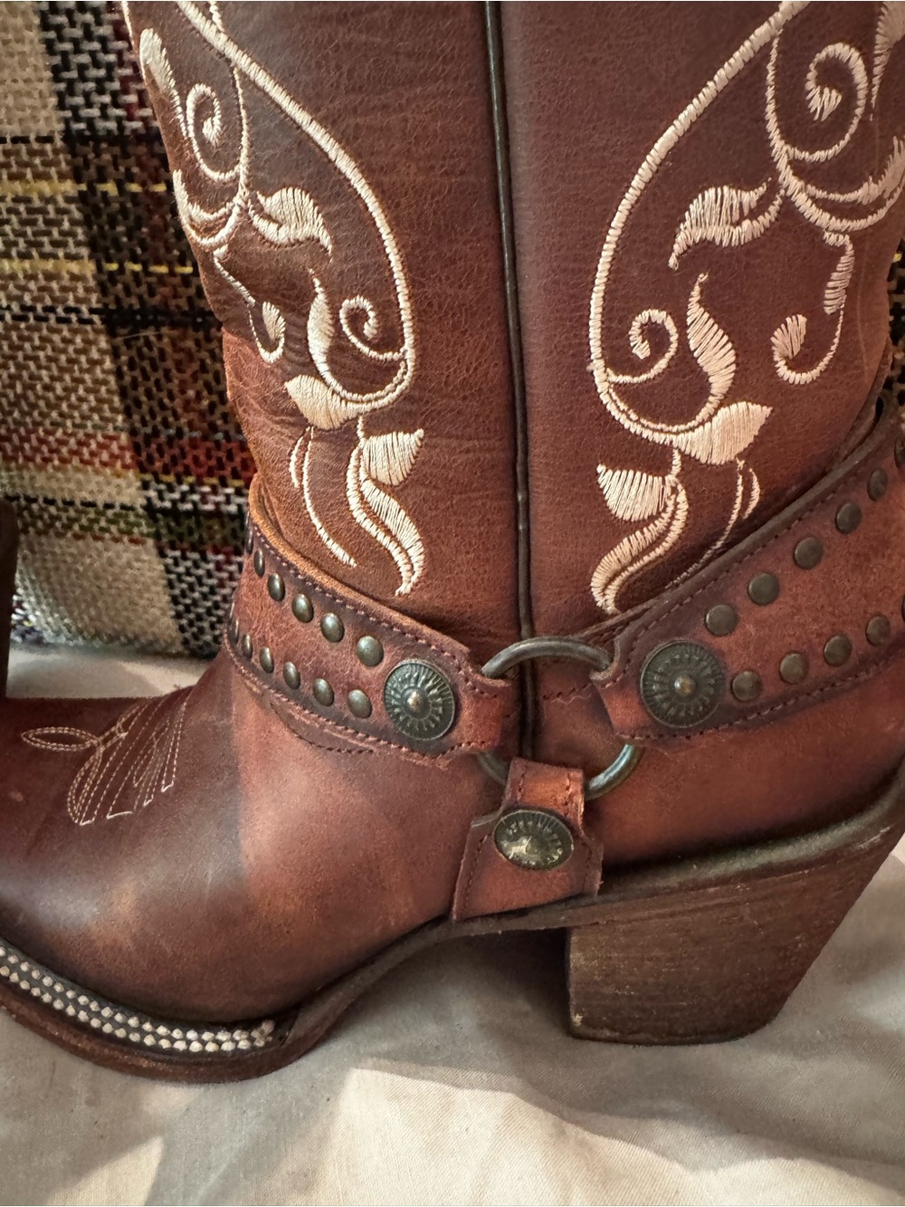 J.B. Dillon Brown Leather Embroidered Harness Heeled Boots - Picture 2 of 7